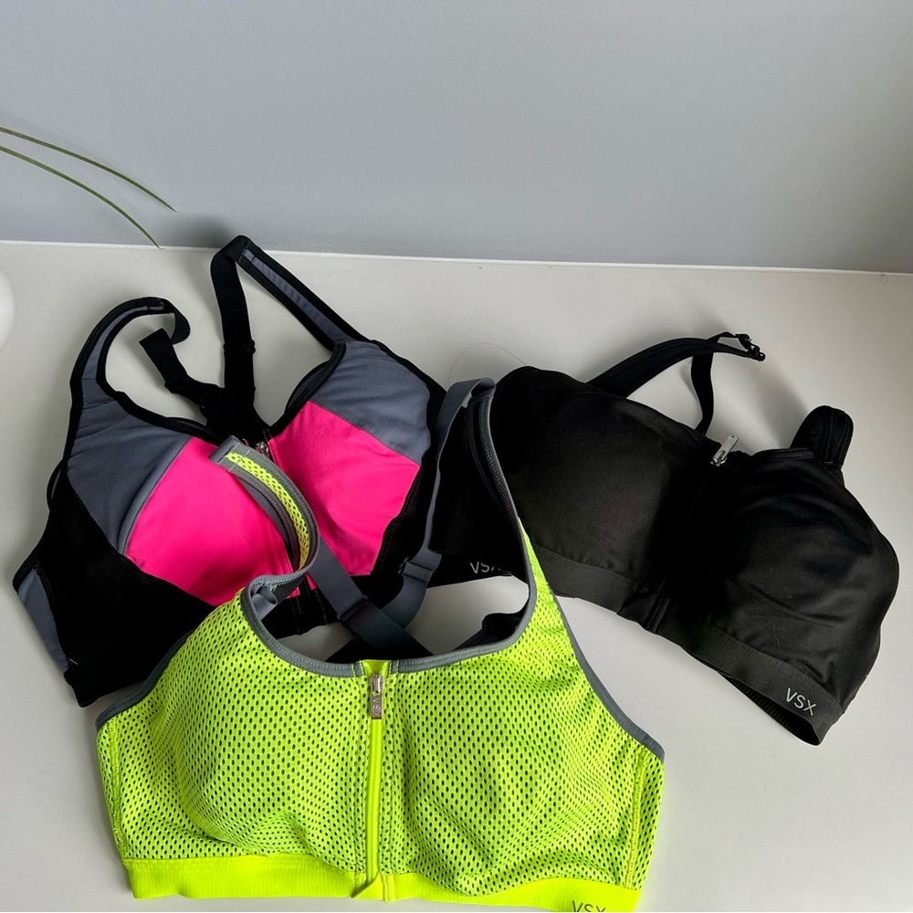 VSX Sports Bra Trio - Bright Neon Yellow, Hot Pink/Grey/Black, and Black 36B